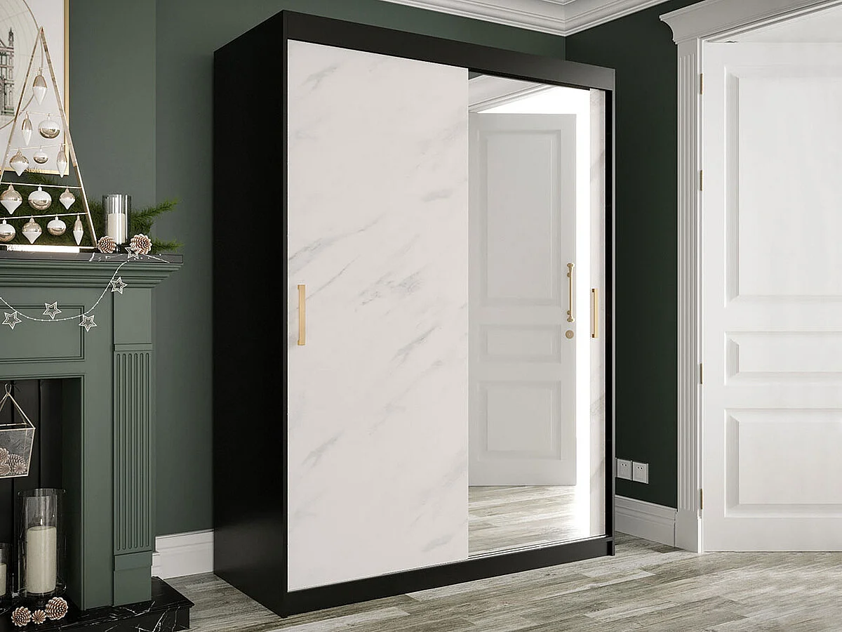 Armoire Hartford 260, Noir mat|Marbre blanc, 200x150x62cm, Portes d'armoire: Coulissantes