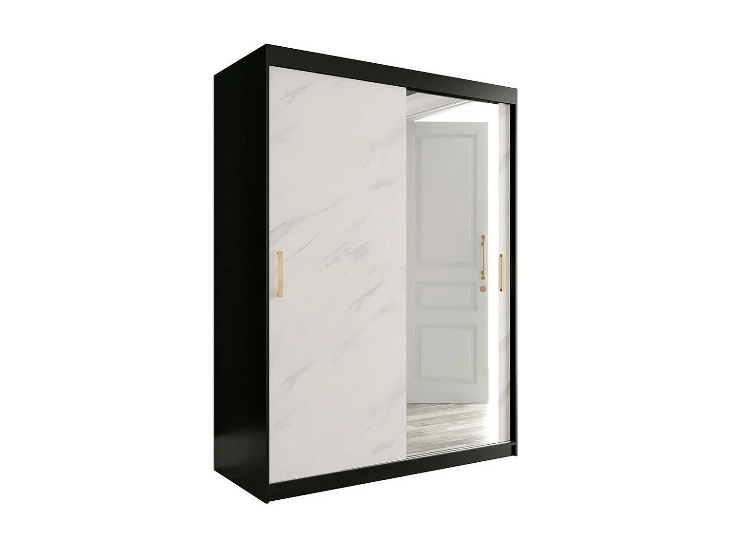 Armoire Hartford 260, Noir mat|Marbre blanc, 200x150x62cm, Portes d'armoire: Coulissantes