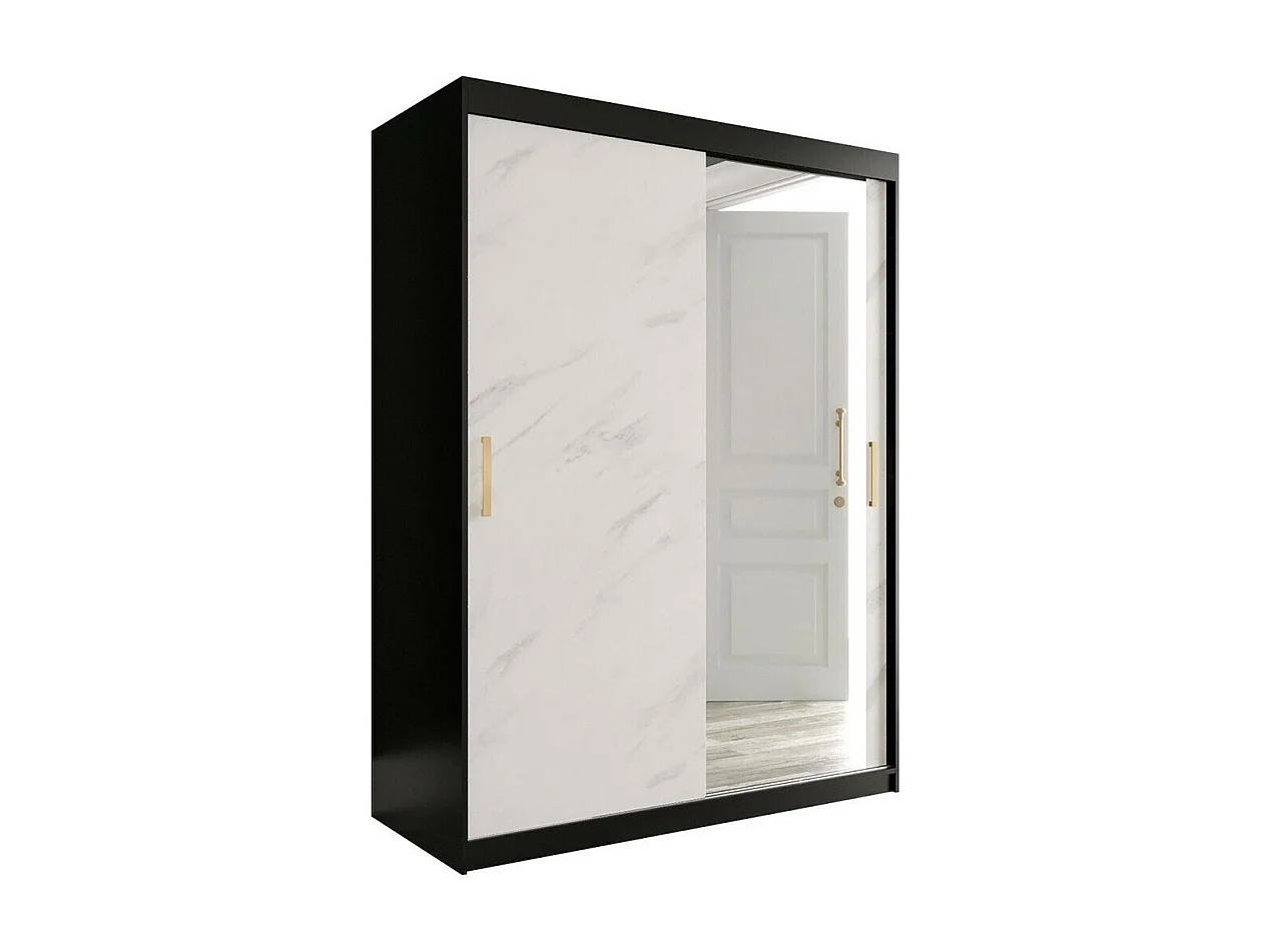 Armoire Hartford 260, Noir mat|Marbre blanc, 200x150x62cm, Portes d'armoire: Coulissantes