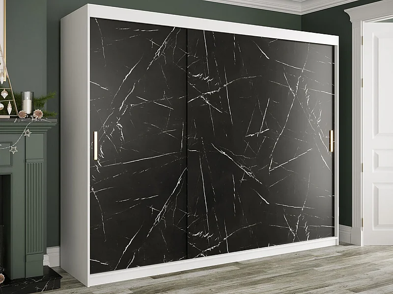 Armoire Hartford 251, Mat blanc|Marbre noir, 200x250x62cm, Portes d'armoire: Coulissantes