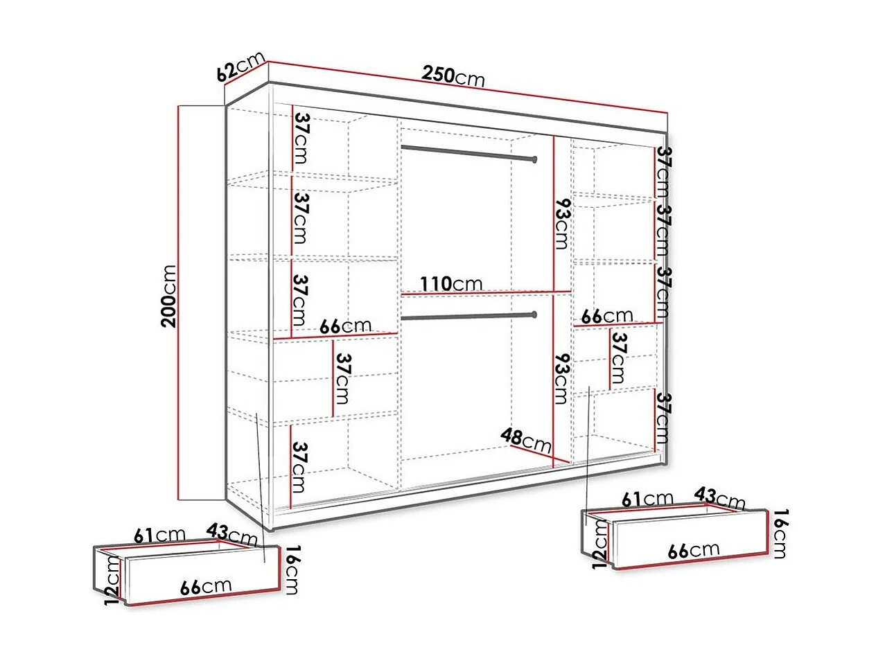 Armario Hartford 251, Mármol negro|Mate blanco, 200x250x62cm, Número de estantes: 7