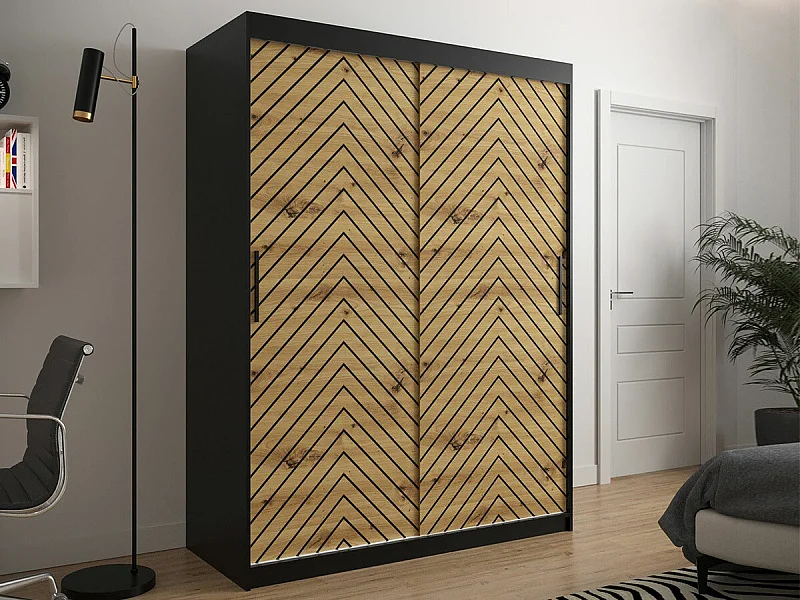 Armoire Hartford 310, Noir|Chêne Artisan, 200x150x62cm, Portes d'armoire: Coulissantes