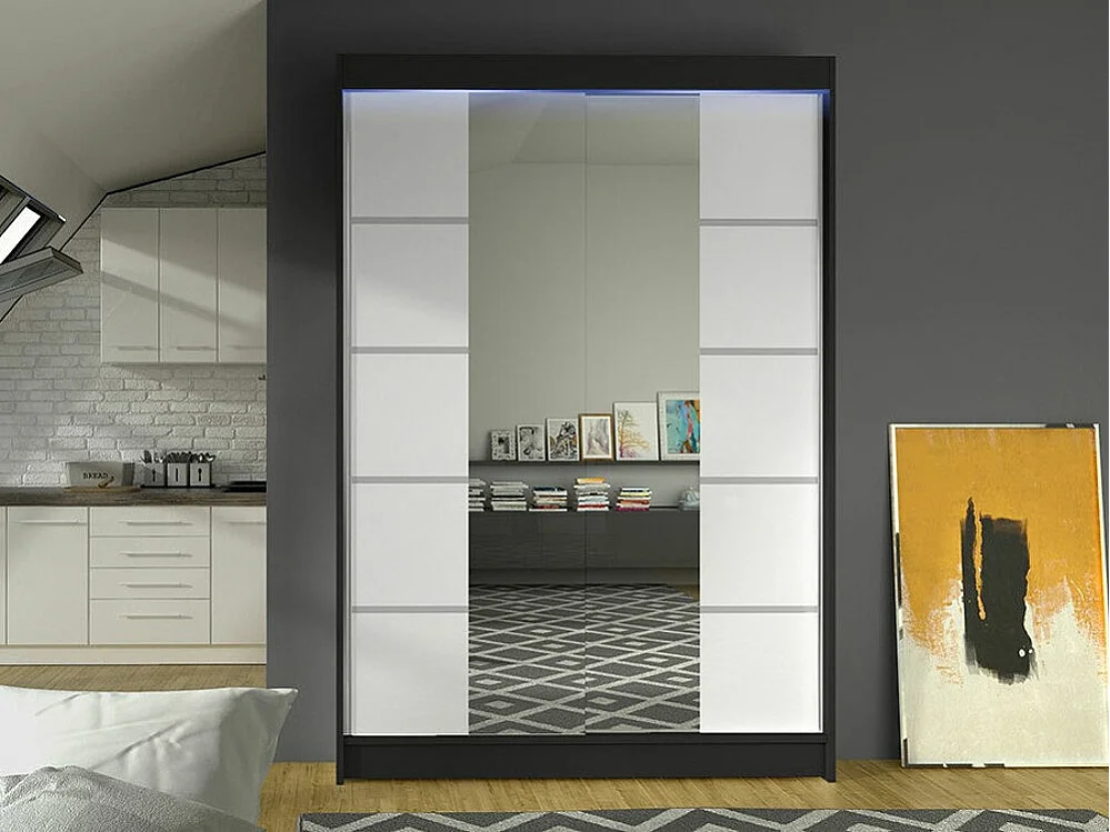 Armoire Closico 151, Blanc|Noir, 200x120x58cm, Portes d'armoire: Coulissantes