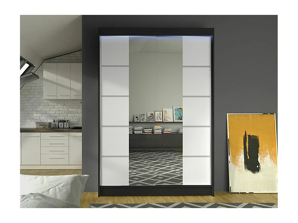 Armoire Closico 151, Noir|Blanc, 200x120x58cm, Portes d'armoire: Coulissantes