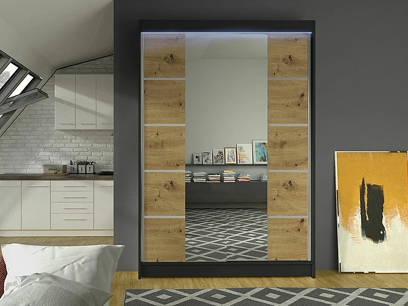 Armoire Closico 151, Noir|Chêne Artisan, 200x120x58cm, Portes d'armoire: Coulissantes