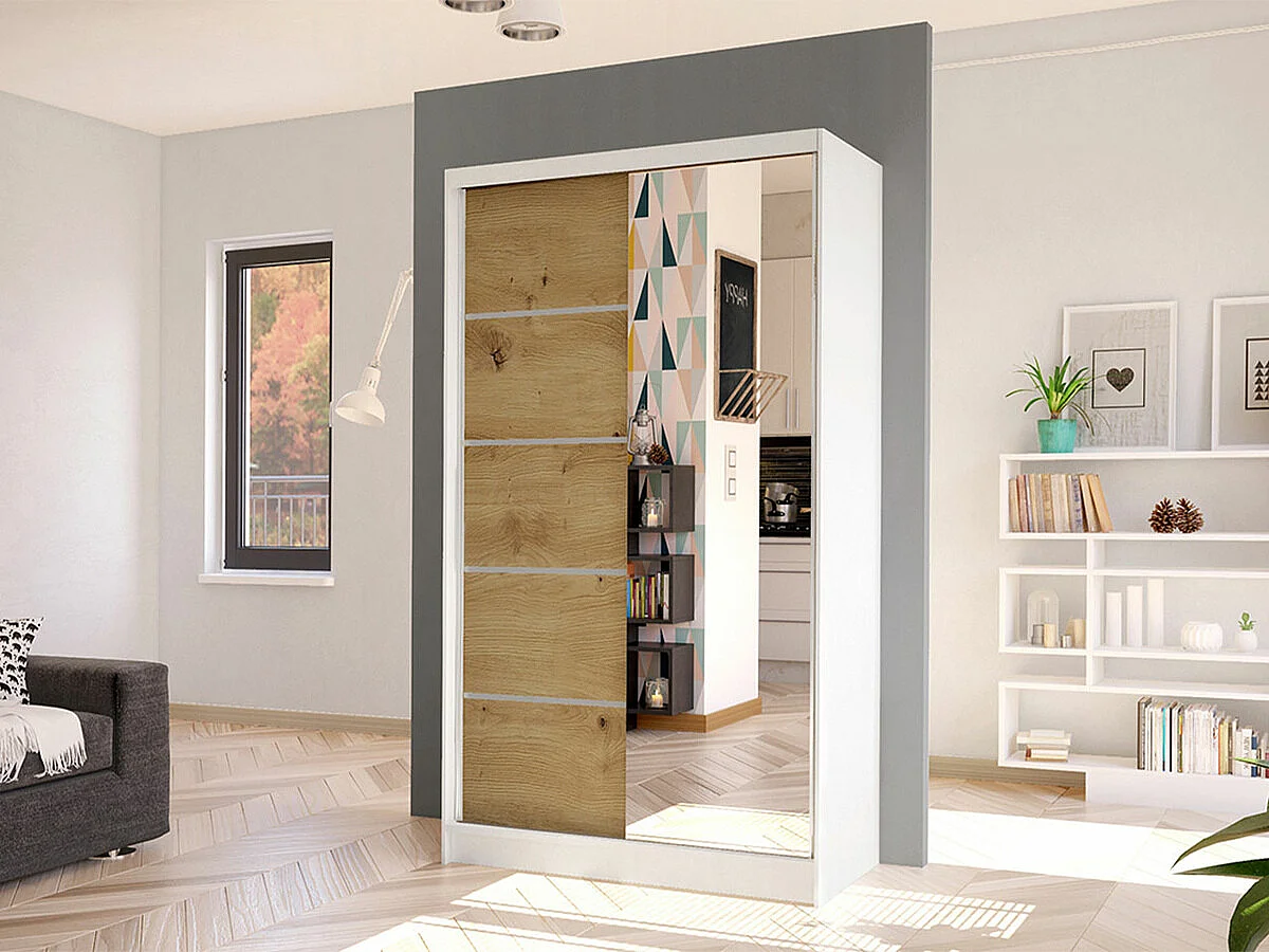 Armoire Closico 166, Chêne Artisan|Blanc, 200x100x58cm, Portes d'armoire: Coulissantes