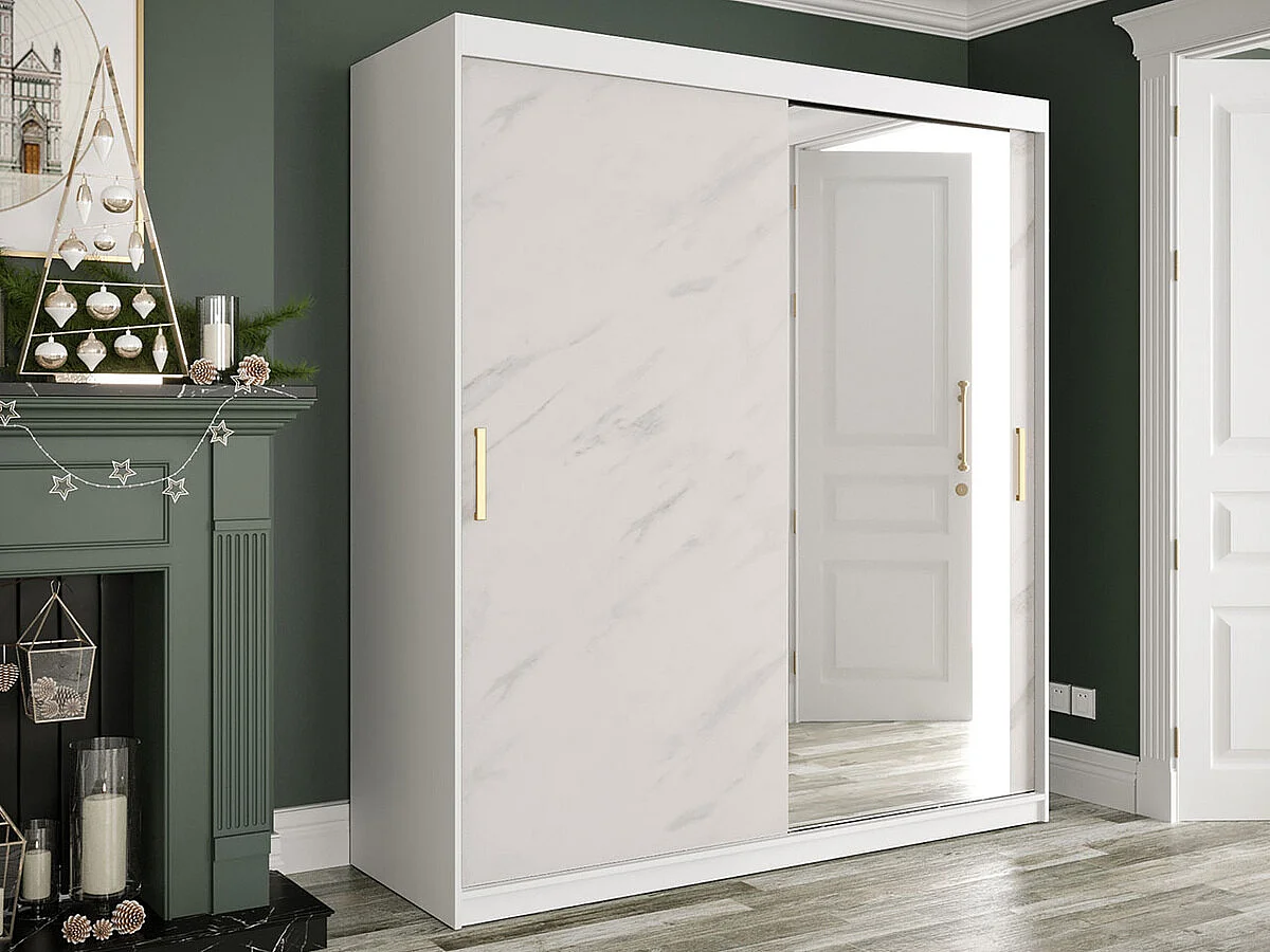 Armario Hartford 261, Mate blanco|Mármol blanco, 200x180x62cm, Número de estantes: 7