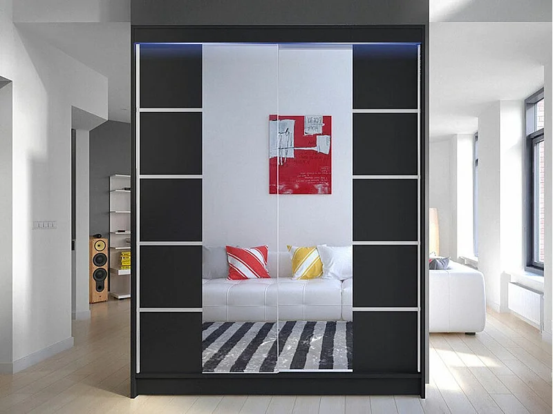 Armario Closico 146, Negro, 200x150x58cm, Puertas de armario: Correderas