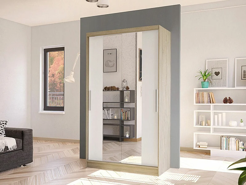 Armoire Closico 163, Sonoma chêne|Blanc, 200x100x58cm, Portes d'armoire: Coulissantes
