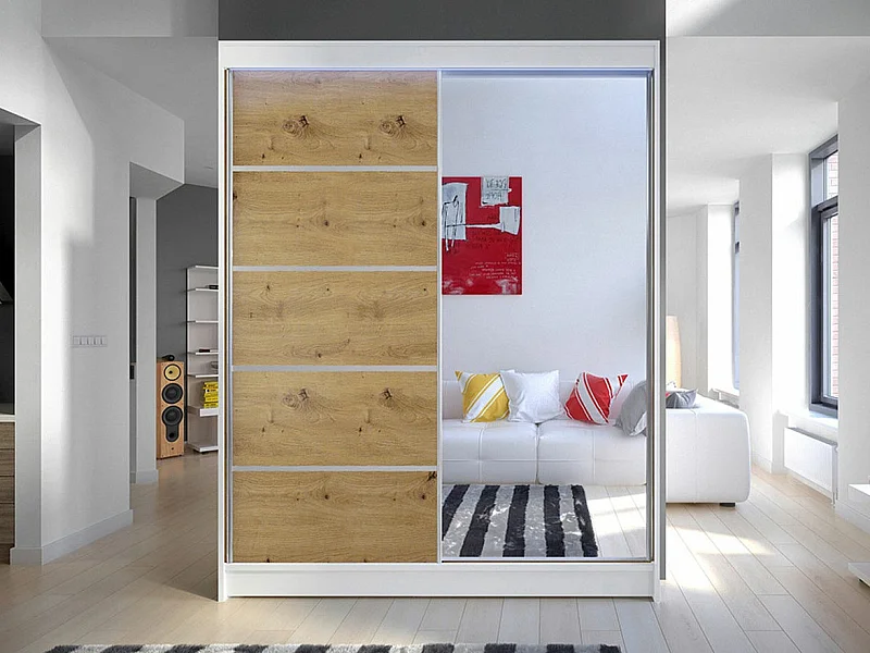 Armario Closico 143, Roble Artisan|Blanco, 200x150x58cm, Puertas de armario: Correderas