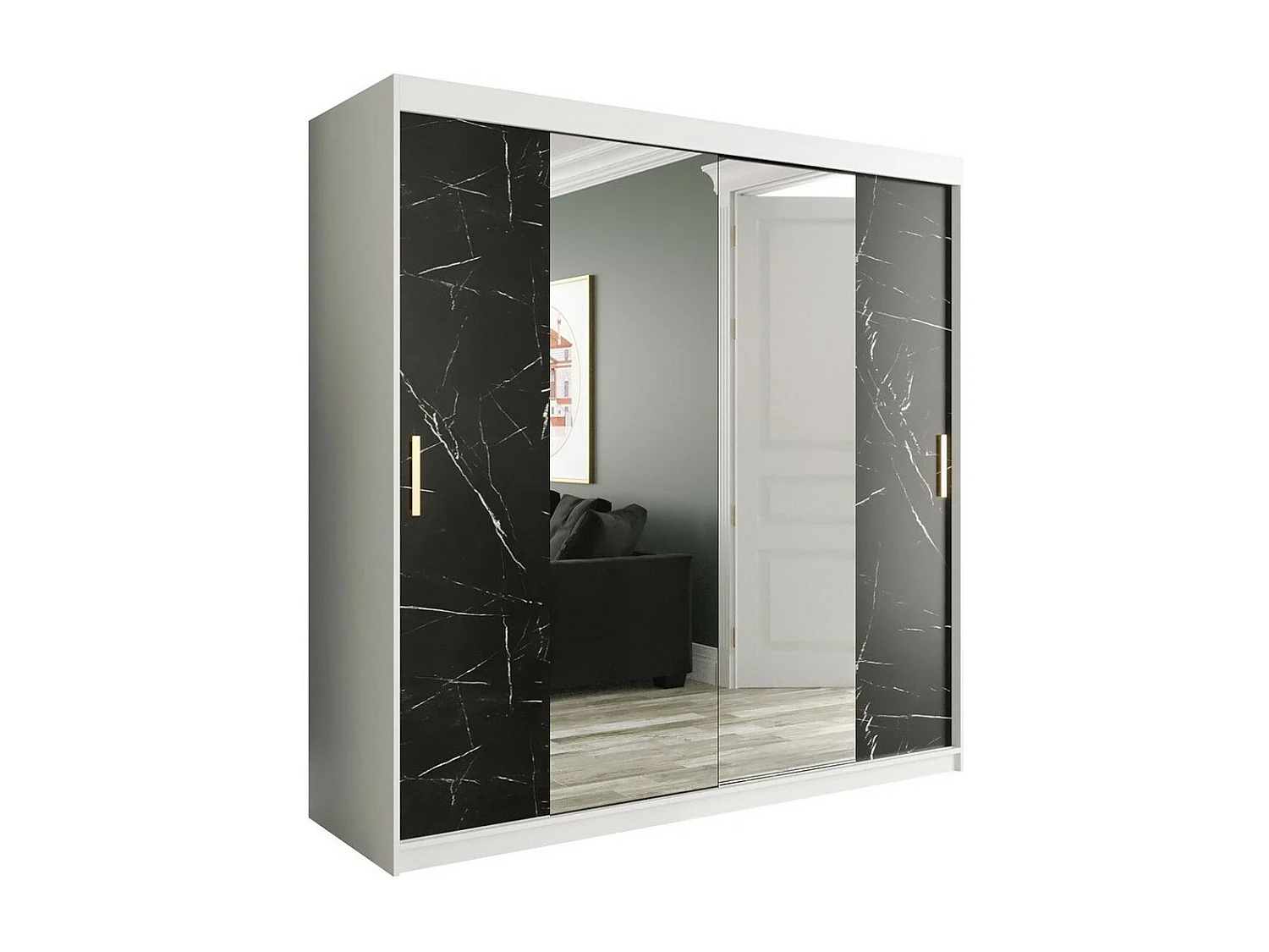 Armadio Hartford 256, Marmo nero|Opaca bianco, 200x200x62cm, Porte armadi: Scorrevoli