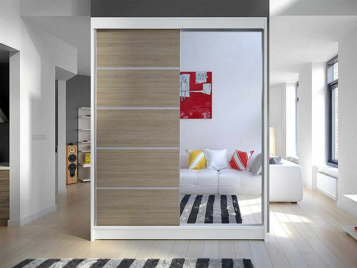 Armario Closico 143, Roble Sonoma|Blanco, 200x150x58cm, Puertas de armario: Correderas