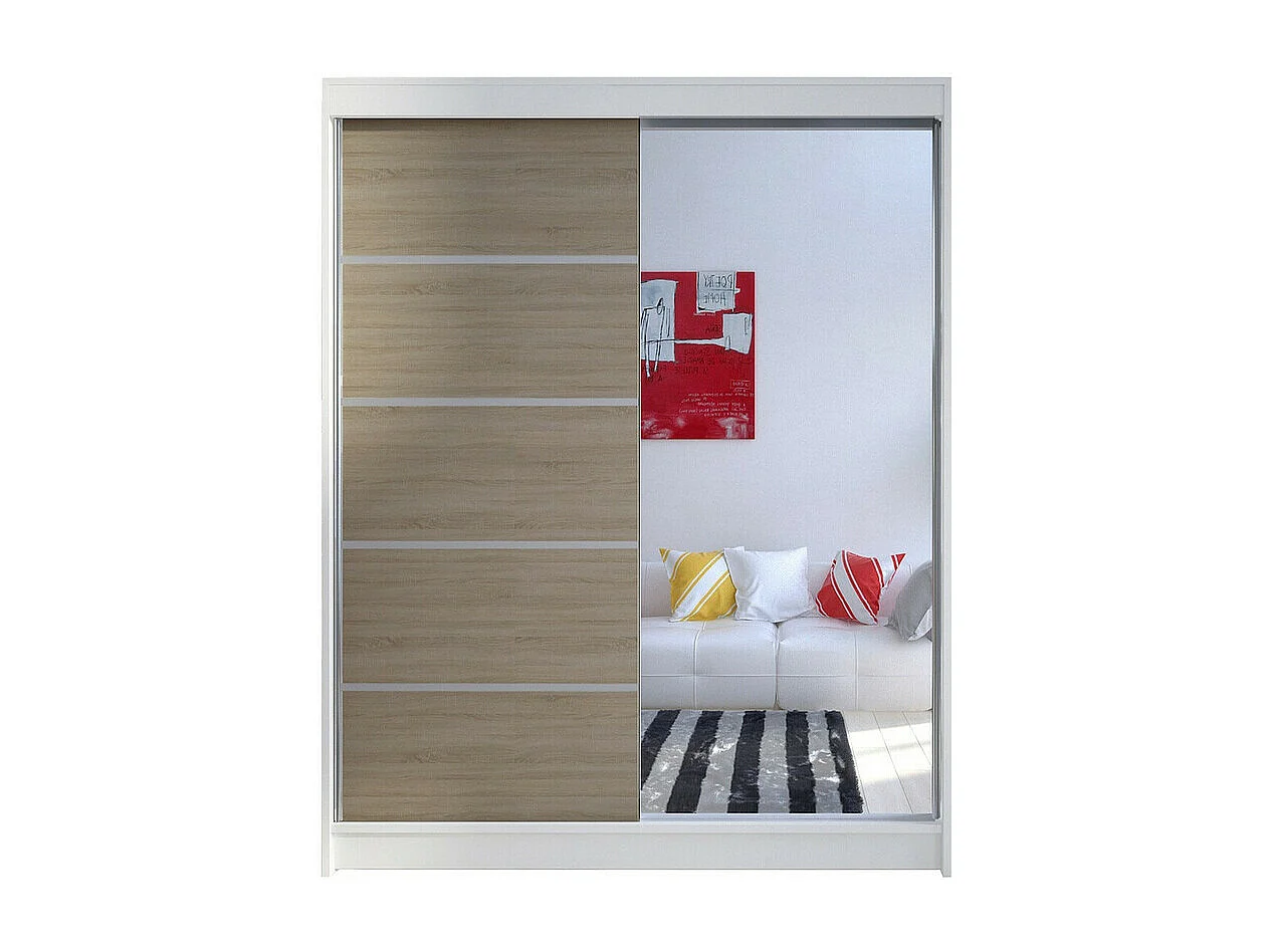 Armario Closico 143, Roble Sonoma|Blanco, 200x150x58cm, Puertas de armario: Correderas