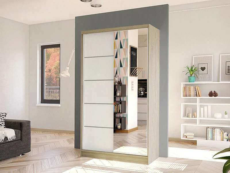 Armario Closico 166, Roble Sonoma|Blanco, 200x100x58cm, Puertas de armario: Correderas