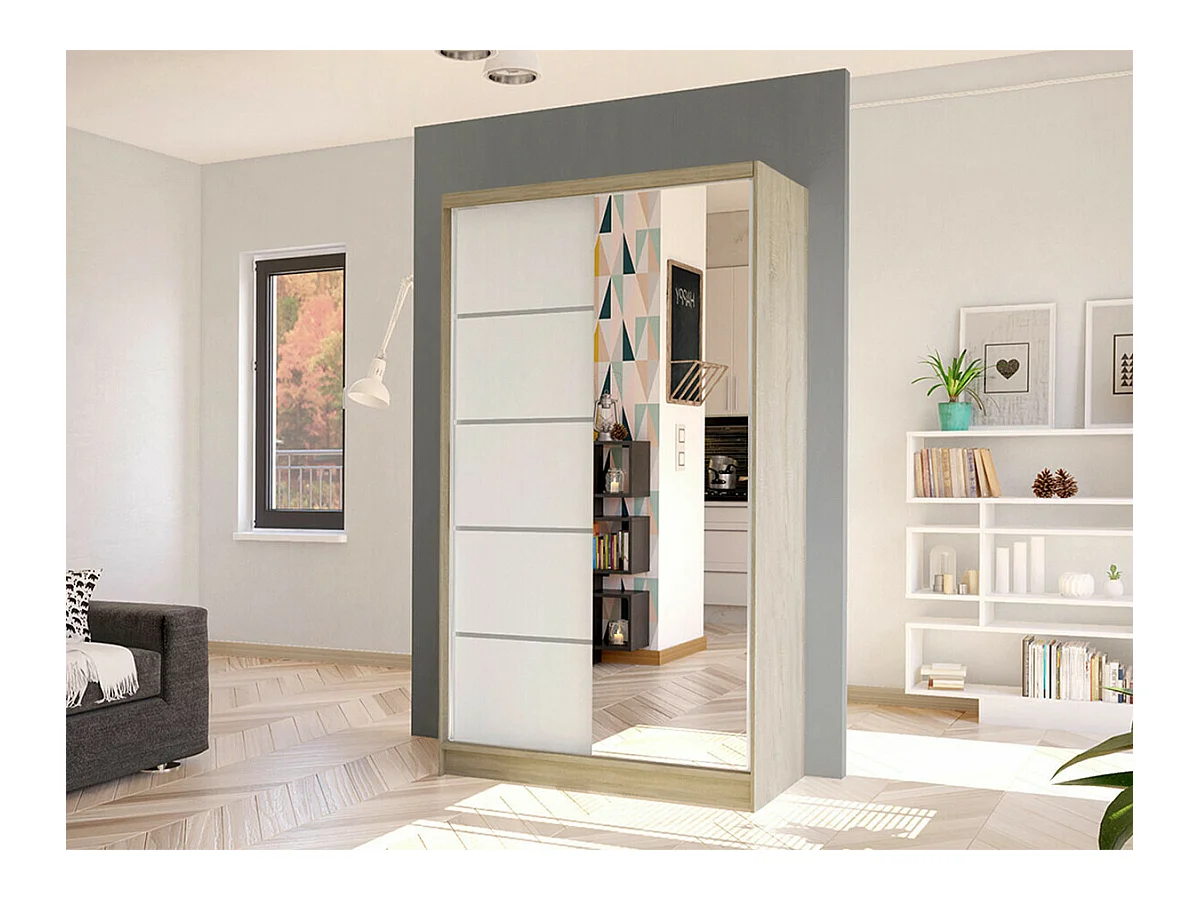 Armario Closico 166, Roble Sonoma|Blanco, 200x100x58cm, Puertas de armario: Correderas