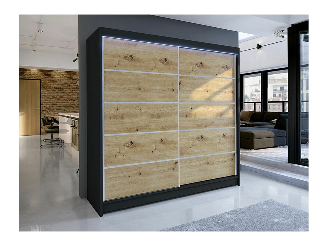 Armoire Closico 153, Chêne Artisan|Noir, 215x180x58cm, Portes d'armoire: Coulissantes
