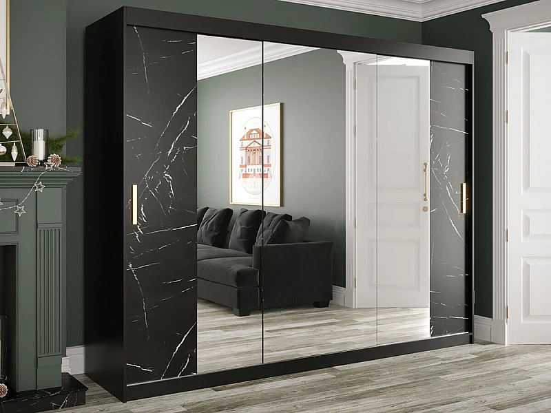 Armoire Hartford 263, Marbre noir|Noir mat, 200x250x62cm, Portes d'armoire: Coulissantes