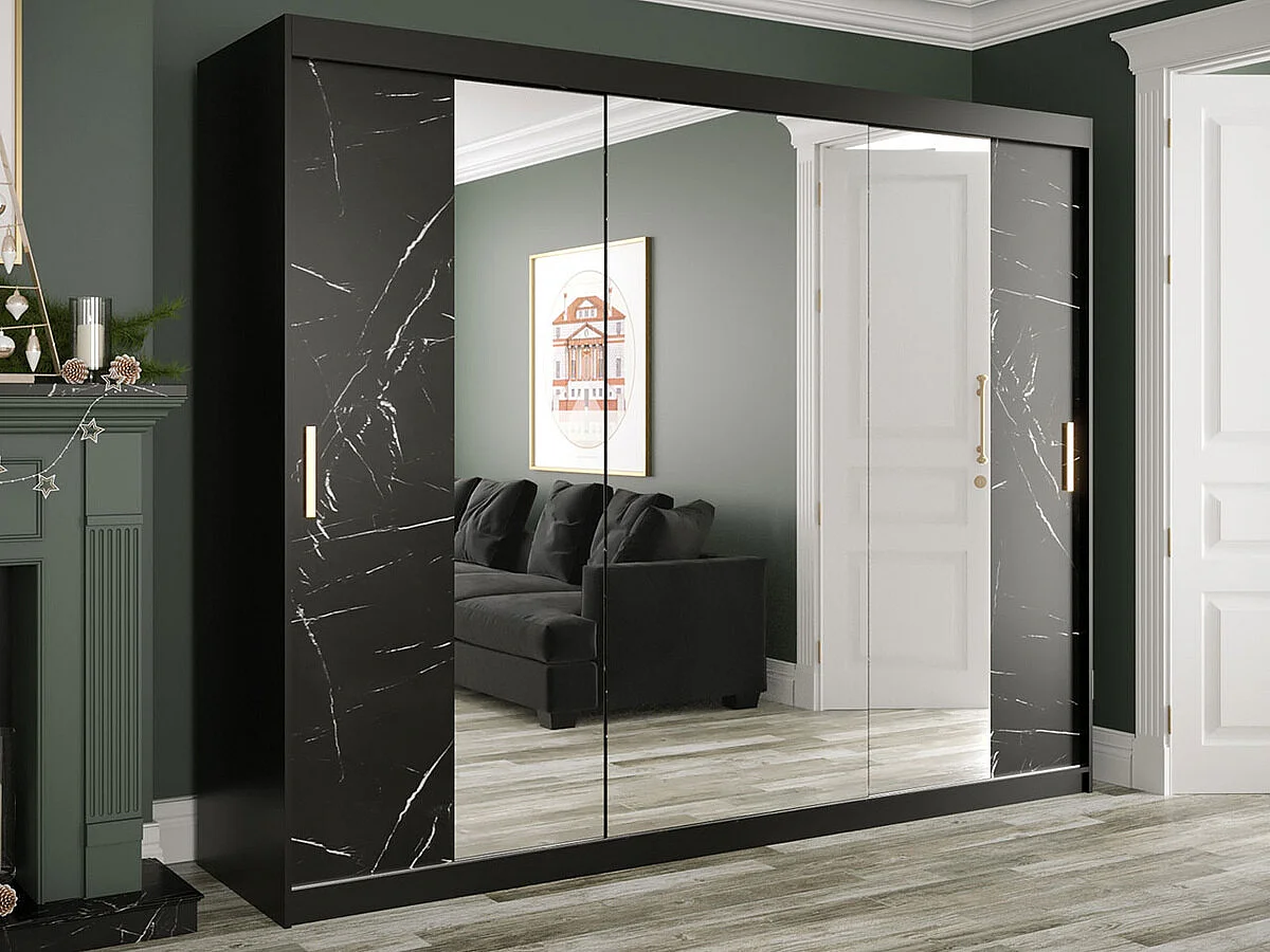 Armadio Hartford 263, Marmo nero|Nero opaco, 200x250x62cm, Porte armadi: Scorrevoli
