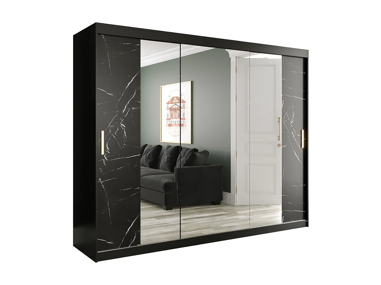 Armadio Hartford 263, Marmo nero|Nero opaco, 200x250x62cm, Porte armadi: Scorrevoli