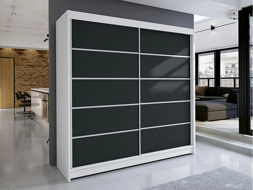 Armoire Closico 153, Noir|Blanc, 215x180x58cm, Portes d'armoire: Coulissantes