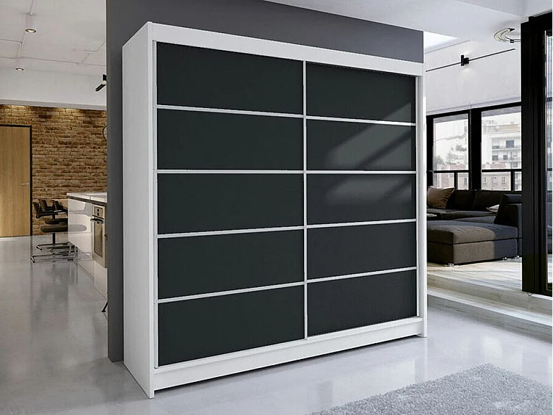 Armoire Closico 153, Noir|Blanc, 215x180x58cm, Portes d'armoire: Coulissantes