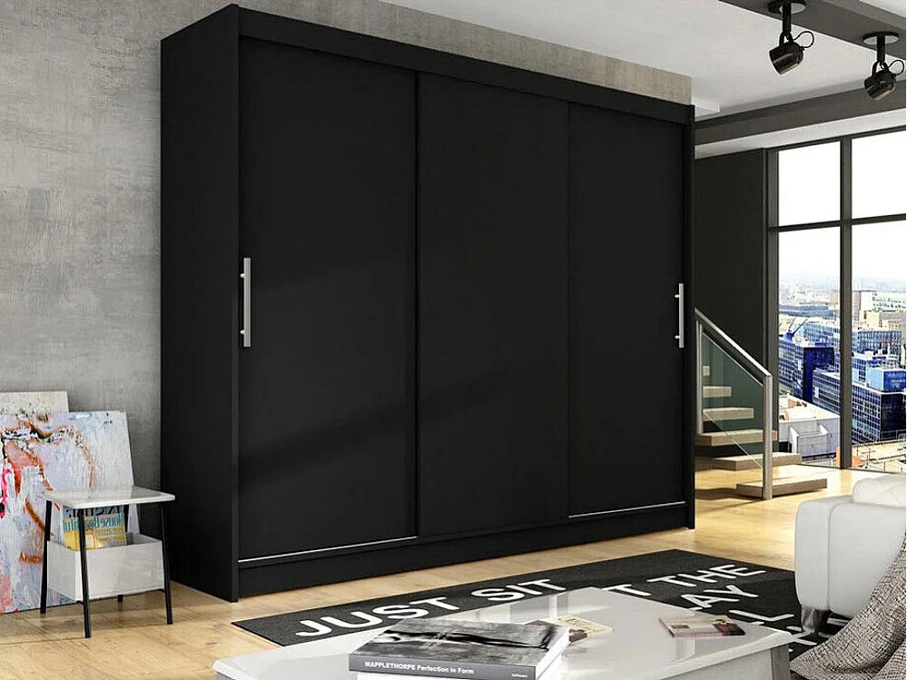 Armoire Closico 118, Noir, 215x250x58cm, Portes d'armoire: Coulissantes