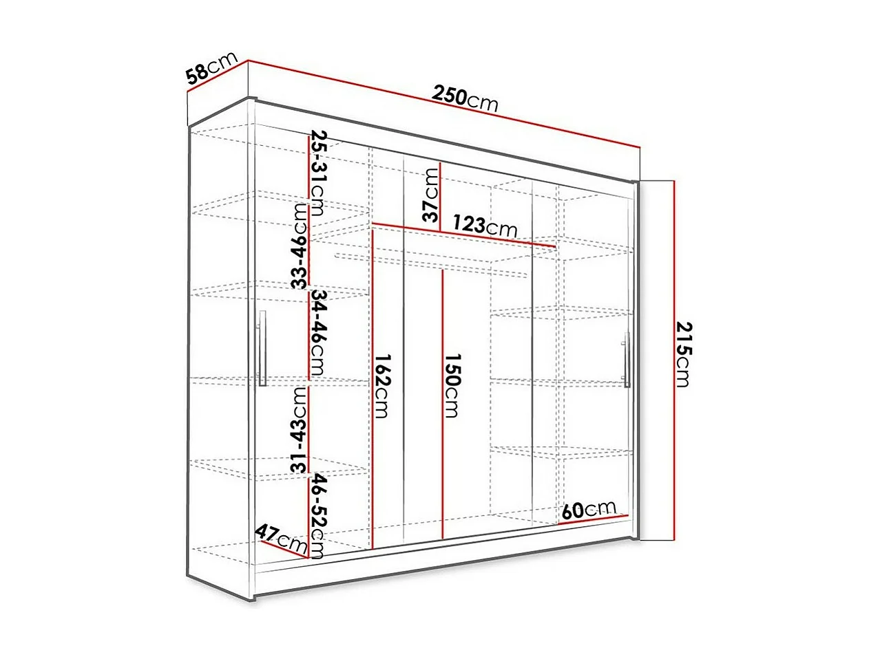 Armoire Closico 118, Noir, 215x250x58cm, Portes d'armoire: Coulissantes