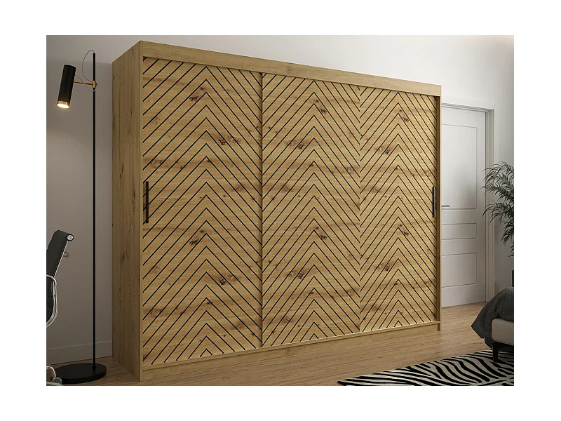 Armoire Hartford 316, Noir|Chêne Artisan, 200x250x62cm, Portes d'armoire: Coulissantes