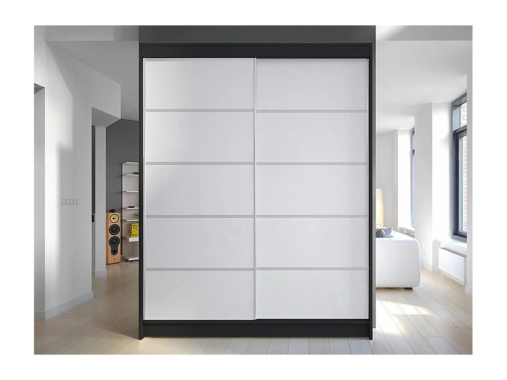 Armoire Closico 145, Noir|Blanc, 200x150x58cm, Portes d'armoire: Coulissantes