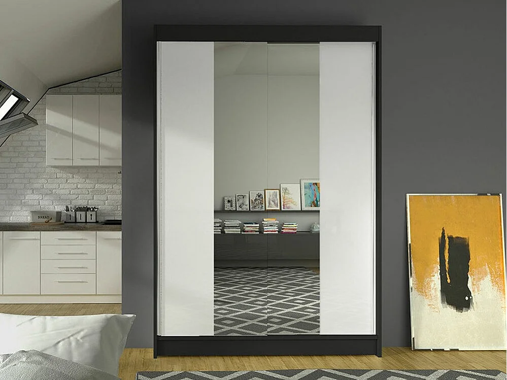 Armoire Closico 148, Noir|Blanc, 200x120x58cm, Portes d'armoire: Coulissantes