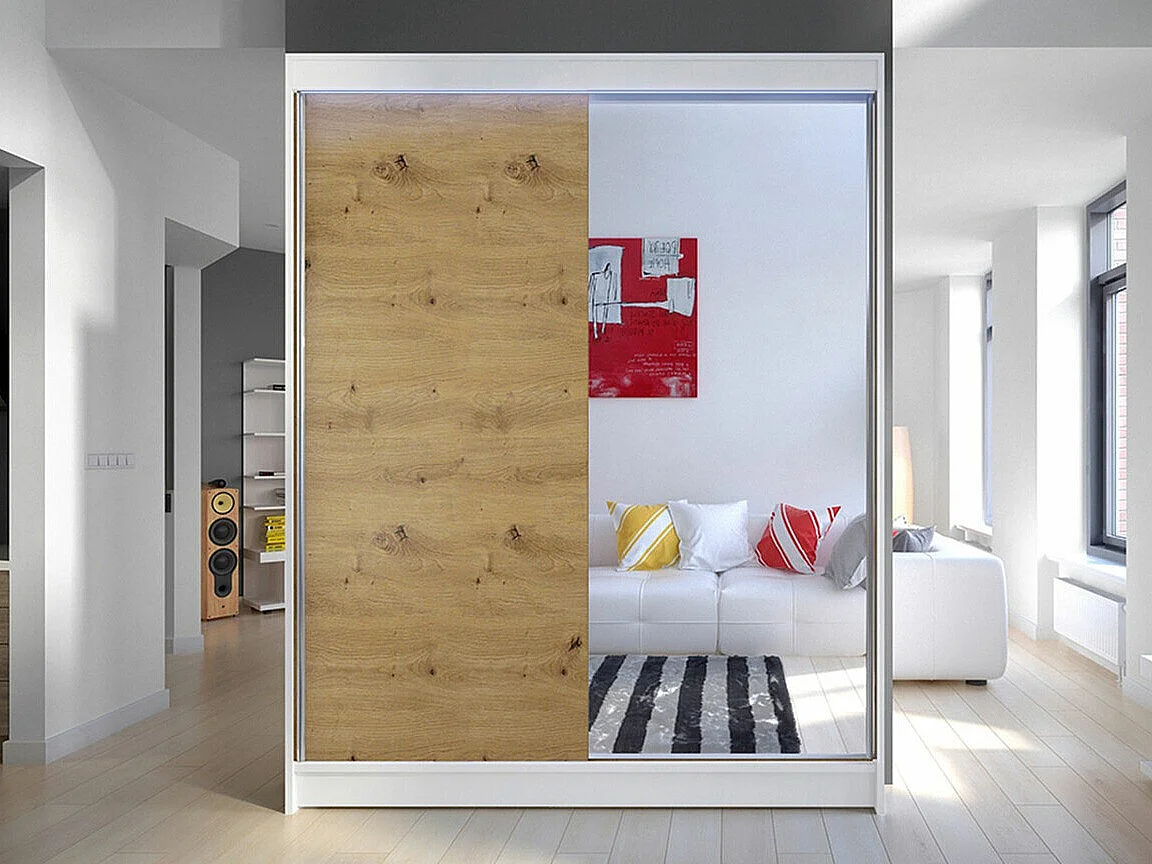 Armoire Atlanta 140, Blanc|Chêne Artisan, 200x150x58cm, Portes d'armoire: Glissement