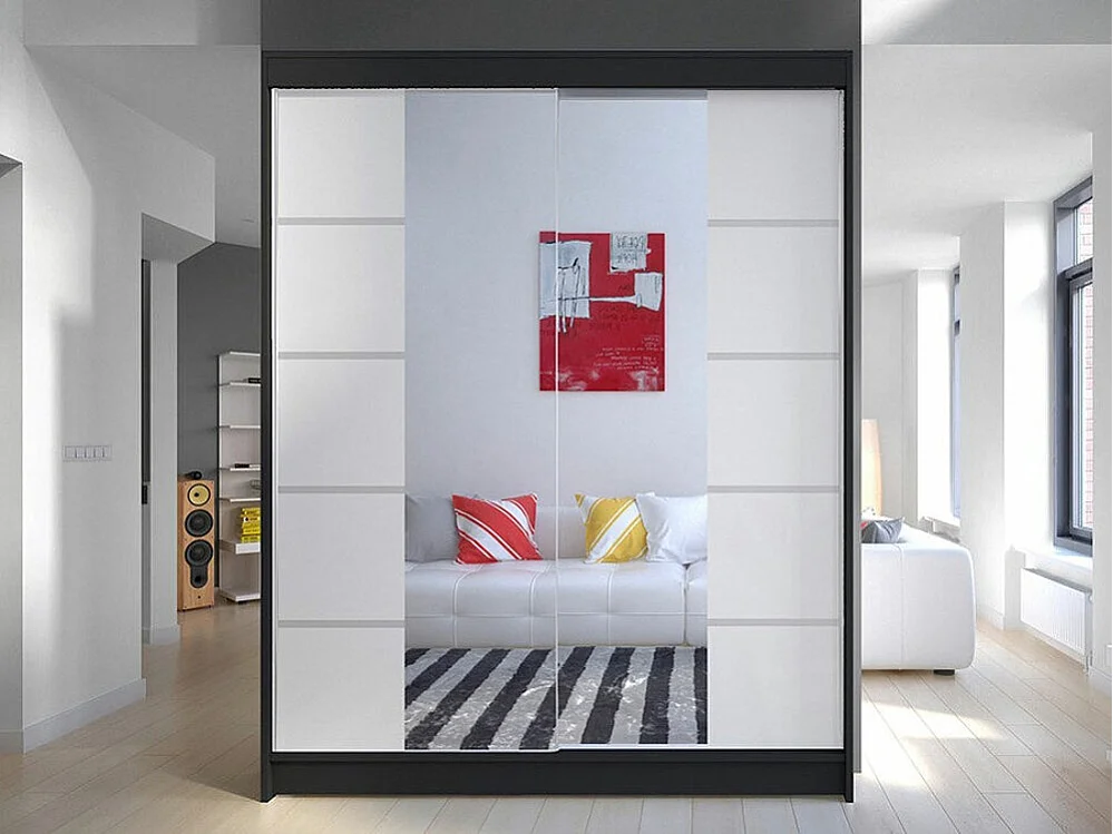 Armario Closico 146, Blanco|Negro, 200x150x58cm, Puertas de armario: Correderas