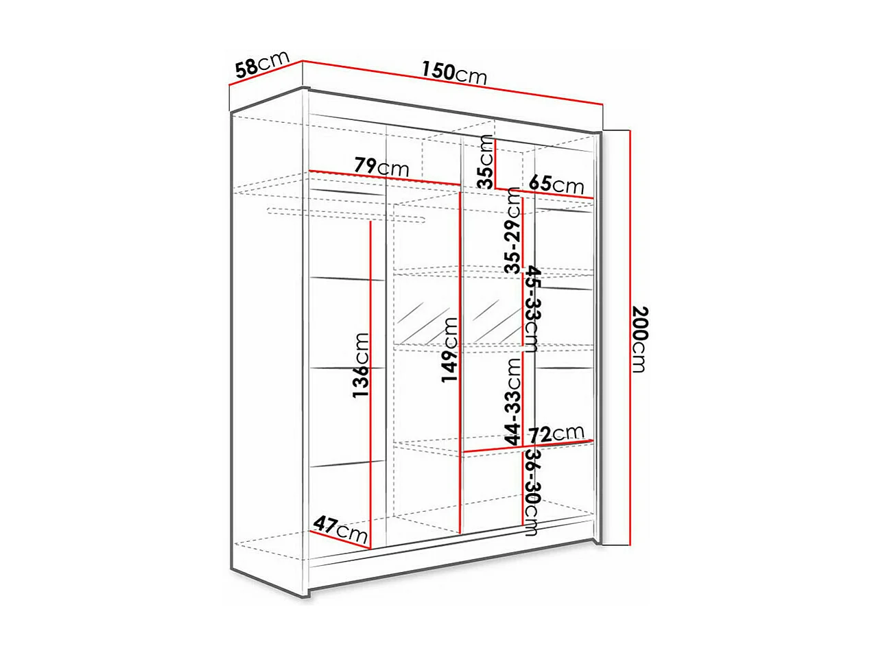 Armario Closico 146, Blanco|Negro, 200x150x58cm, Puertas de armario: Correderas