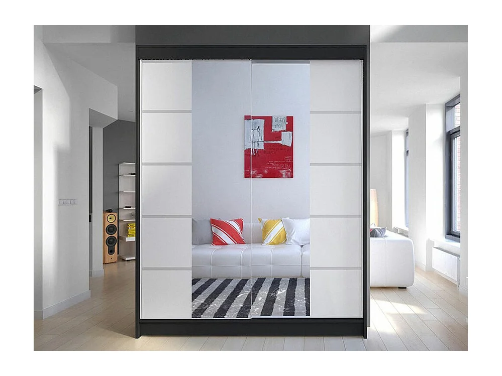 Armario Closico 146, Blanco|Negro, 200x150x58cm, Puertas de armario: Correderas