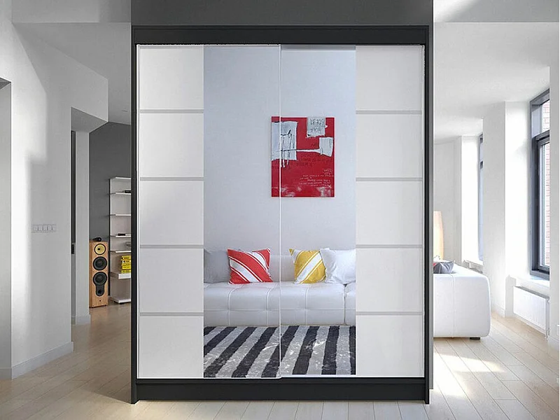 Armario Closico 146, Blanco|Negro, 200x150x58cm, Puertas de armario: Correderas