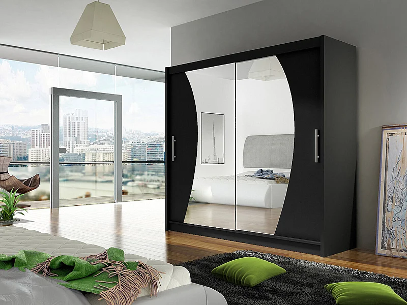 Armario Closico 115, Negro, 215x180x58cm, Puertas de armario: Correderas