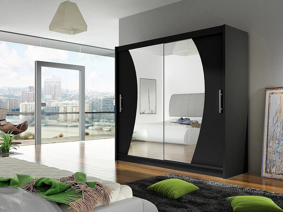 Armario Closico 115, Negro, 215x180x58cm, Puertas de armario: Correderas