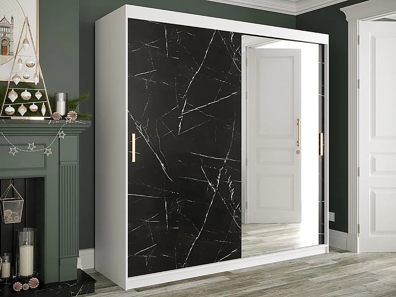 Armoire Hartford 262, Mat blanc|Marbre noir, 200x200x62cm, Portes d'armoire: Coulissantes