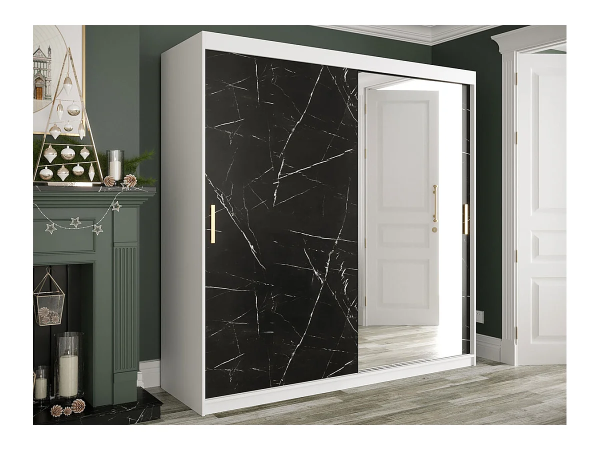 Armoire Hartford 262, Mat blanc|Marbre noir, 200x200x62cm, Portes d'armoire: Coulissantes