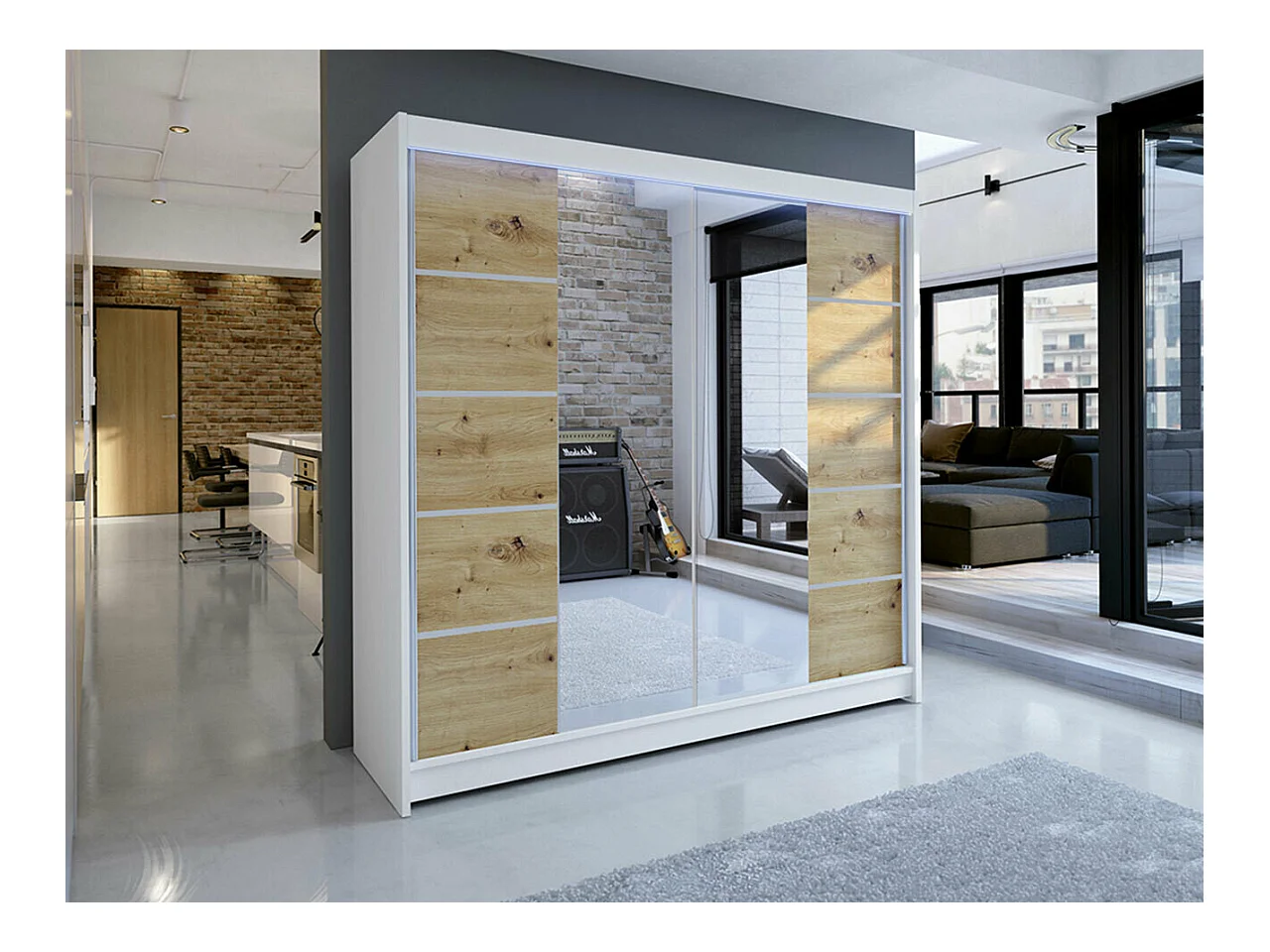 Armoire Closico 154, Chêne Artisan|Blanc, 215x180x58cm, Portes d'armoire: Coulissantes
