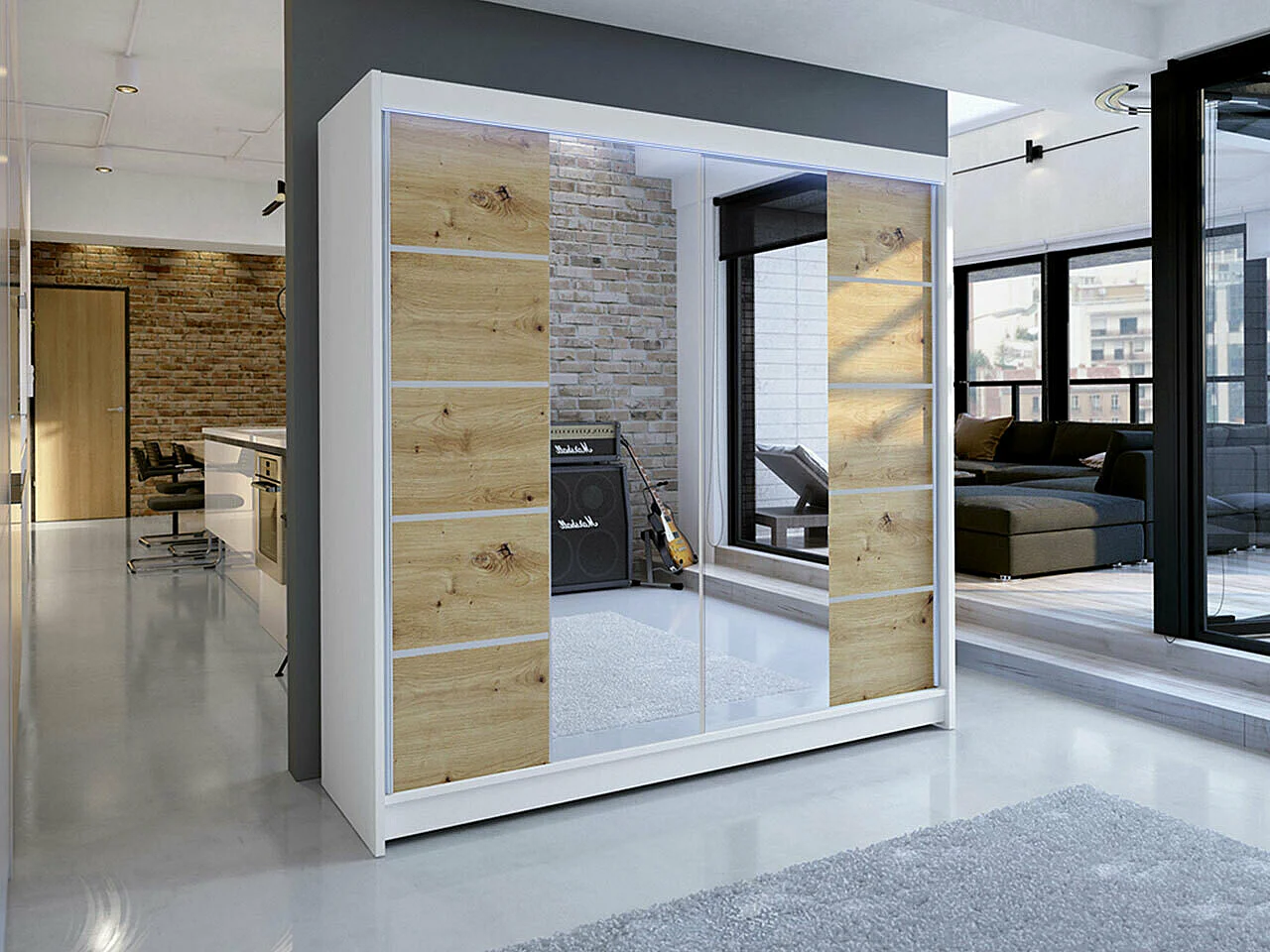 Armoire Closico 154, Chêne Artisan|Blanc, 215x180x58cm, Portes d'armoire: Coulissantes