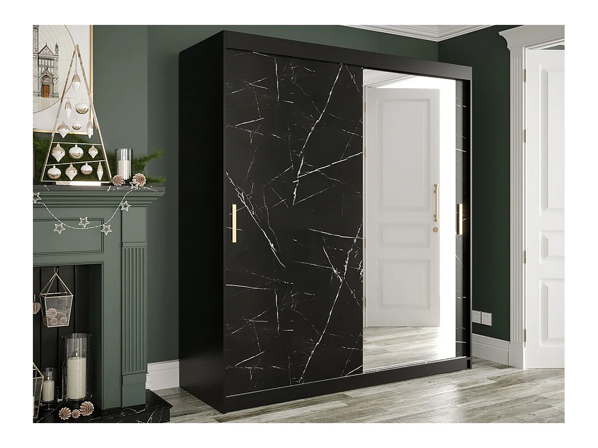 Armoire Hartford 261, Noir mat|Marbre noir, 200x180x62cm, Portes d'armoire: Coulissantes