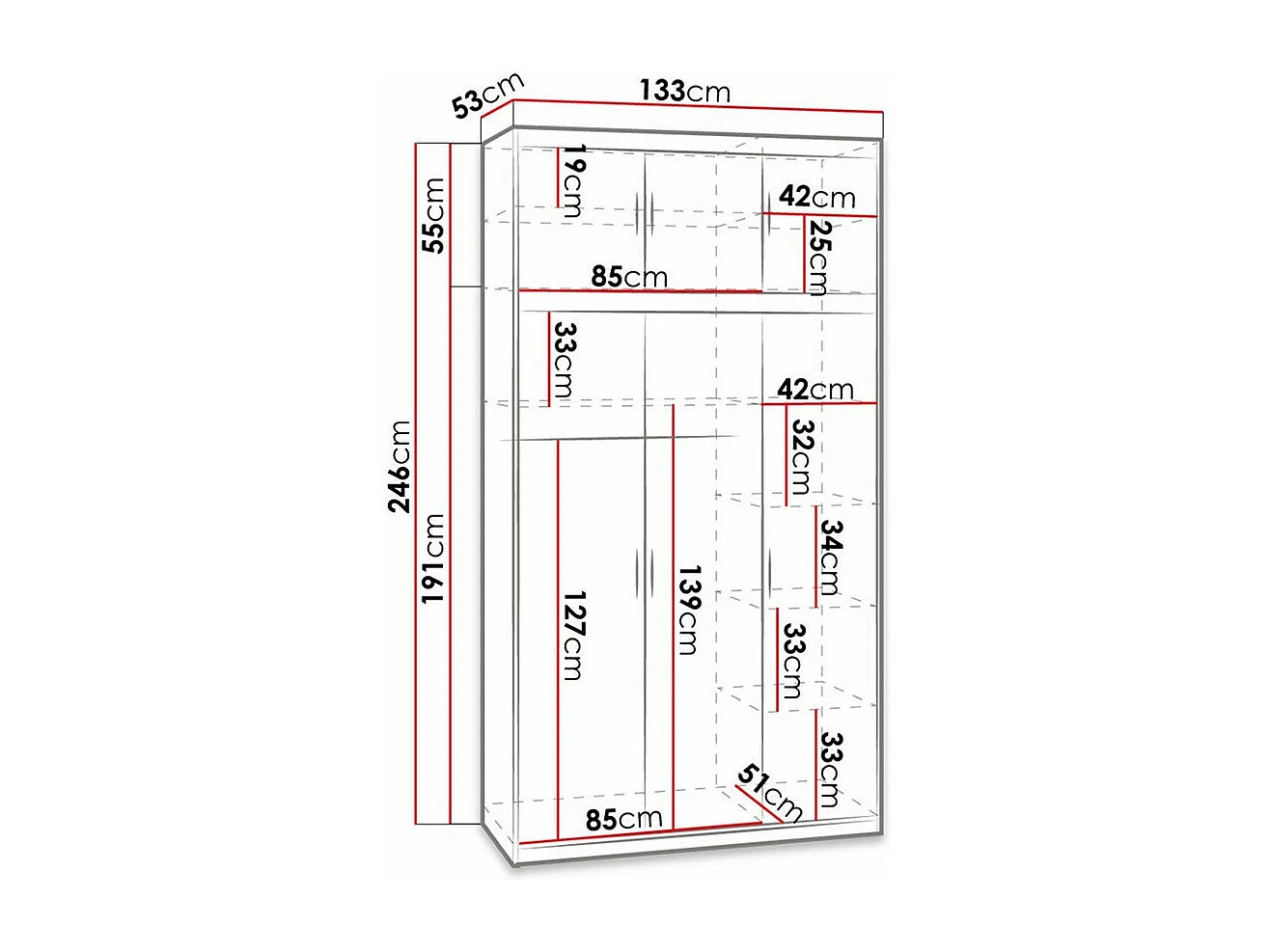 Armario Novduni 105, Roble de lefkada, 246x133x53cm, Puertas de armario: Con bisagras