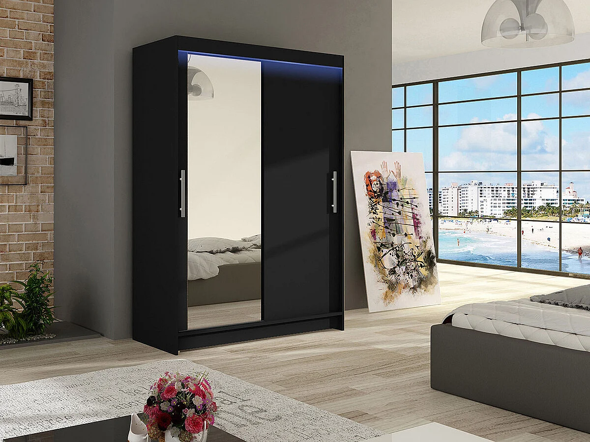 Armoire Closico 128, Noir, 200x120x58cm, Portes d'armoire: Coulissantes