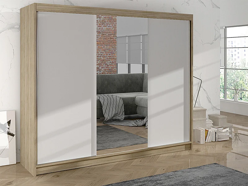 Armario Closico 158, Blanco|Roble Sonoma, 215x200x58cm, Puertas de armario: Correderas
