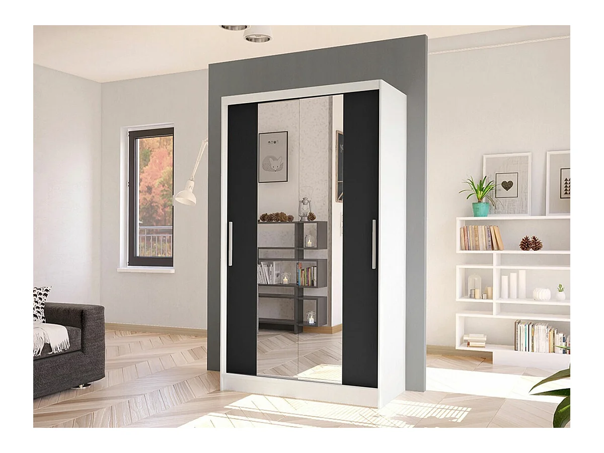 Armoire Closico 163, Noir|Blanc, 200x100x58cm, Portes d'armoire: Coulissantes
