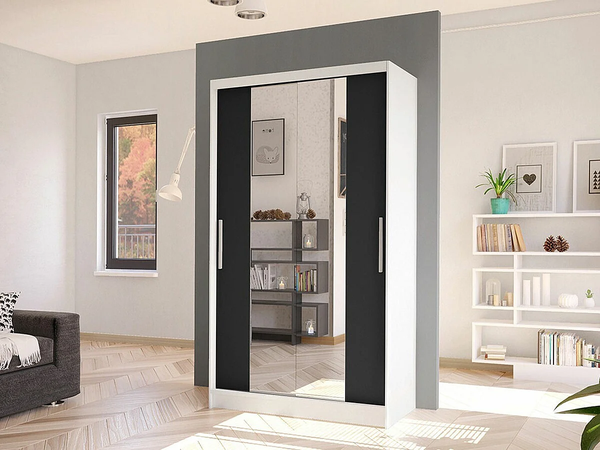 Armoire Closico 163, Blanc|Noir, 200x100x58cm, Portes d'armoire: Coulissantes