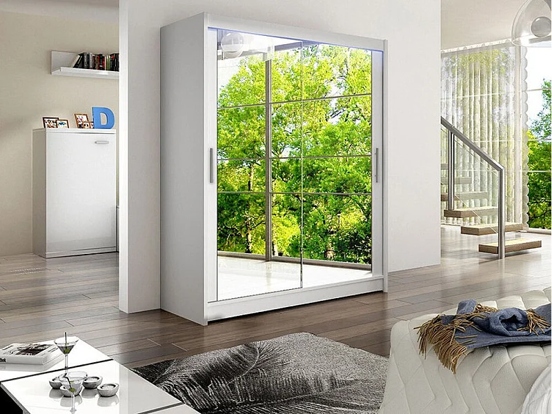 Armoire Closico 127, Blanc, 200x150x58cm, Portes d'armoire: Coulissantes