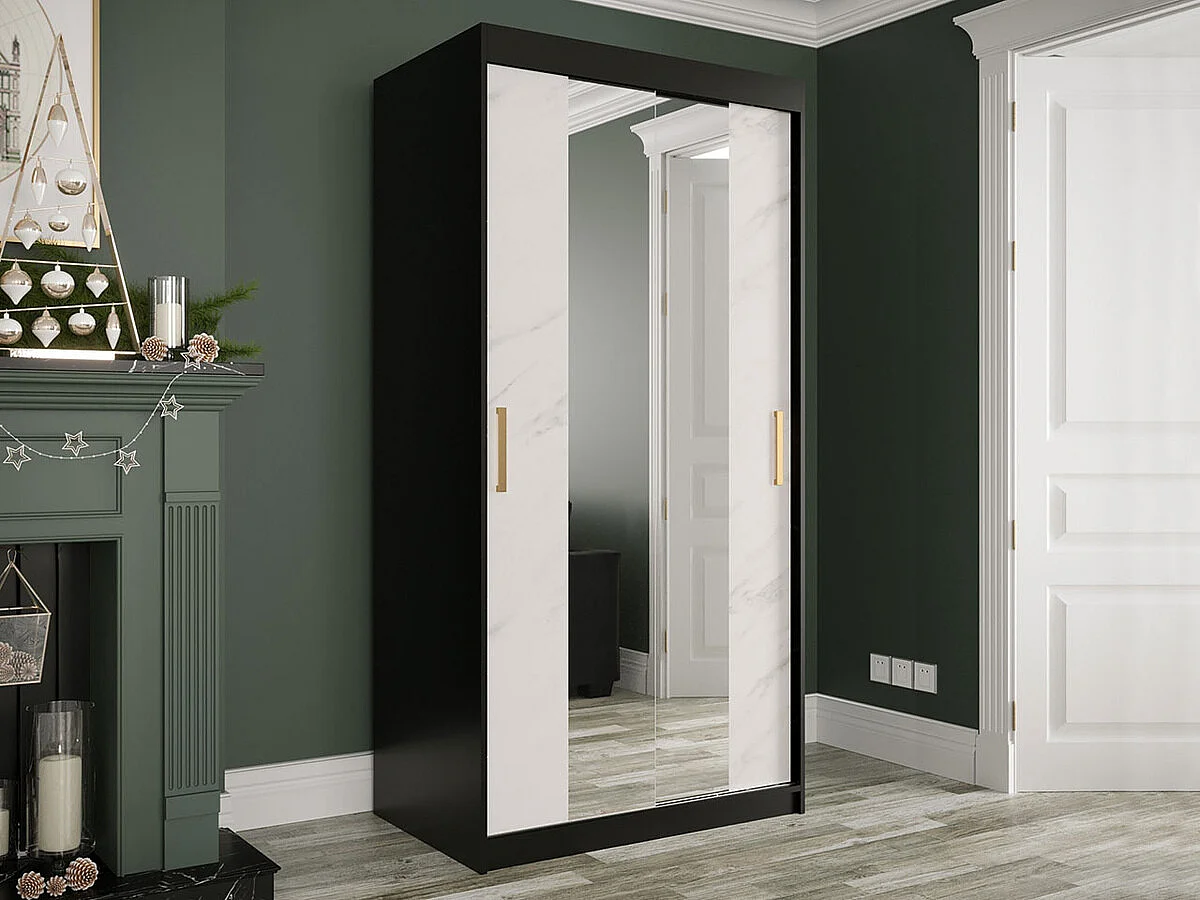 Armadio Hartford 252, Marmo bianco|Nero opaco, 200x100x62cm, Porte armadi: Scorrevoli