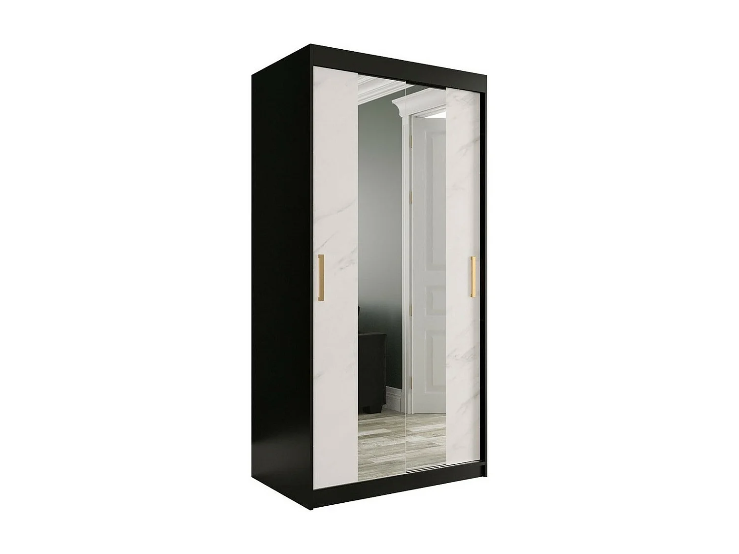 Armadio Hartford 252, Marmo bianco|Nero opaco, 200x100x62cm, Porte armadi: Scorrevoli